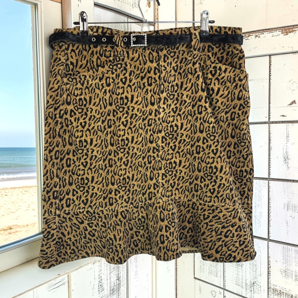 Vintage Corduroy Pencil Ruffle Skirt 14 Brown Leopard 98% Cotton Belted Glam